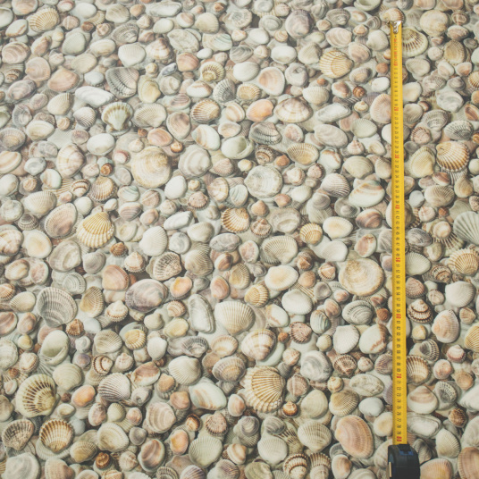 Sol Vinyle Textile Relief 3D – Imprimé Coquillages, avec mètre pour visualiser l’échelle du motif