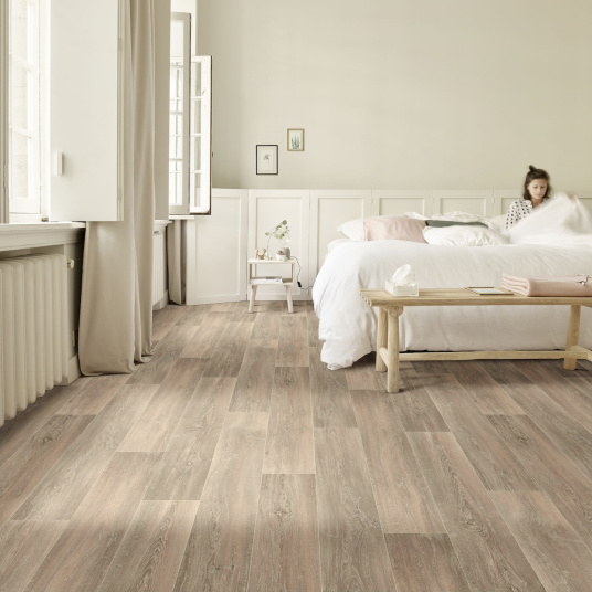 Sol Vinyle Textile Grande largeur - Aspect parquet chêne cérusé - chambre