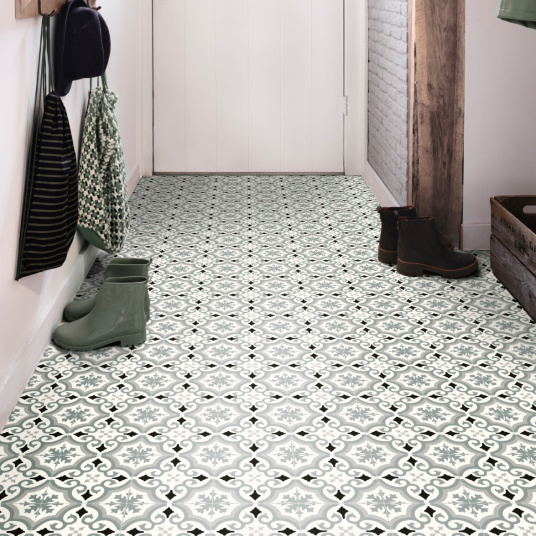 Sol Vinyle Textile Rénove acoustique - Effet carreaux de ciment arabesque gris bleuté - Couloir