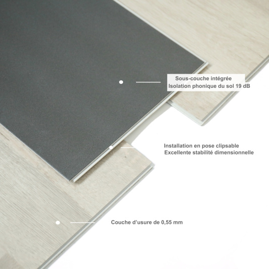 Zoom technique sur la dalle vinyle clipsable Ultime Plus - Patchwork bois blanc