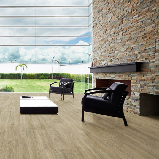 Sol Vinyle Textile Grande largeur - Aspect parquet chêne brut - salon ouvert