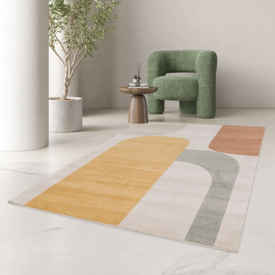 Tapis graphiquepour salon Luna Pop arches minimalistes palette jaune et terracotta