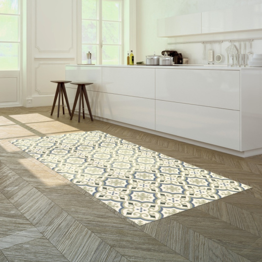Tapis sur mesure Vinyle Effet carreaux de ciment - Arabesques vert et bleu - Cuisine