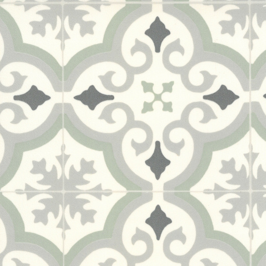Sol vinyle textile économique effet carreaux de ciment arabesques vert et gris - sans perspective