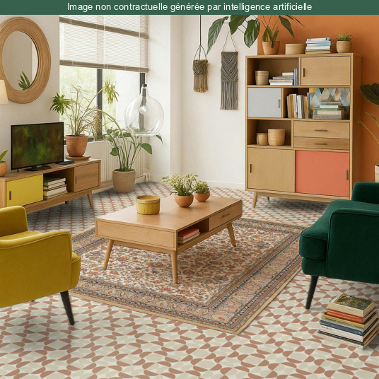 Ambiance chaleureuse avec sol vinyle Mood damier et déco Terracotta dans le salon
