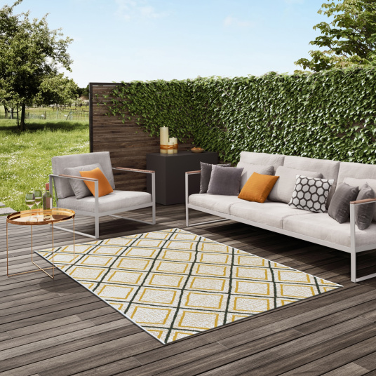 Tapis d'extérieur ou de salon - Motifs losanges - Jaune et noir - Décoration extérieure
