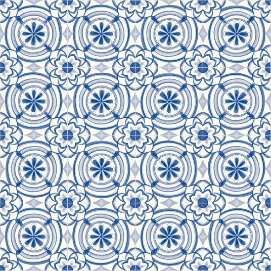 Motif style bohème chic du Sol Vinyle Textile Rénove - Effet carreaux de ciment Andalousie - Bleu, ambiance artisanale