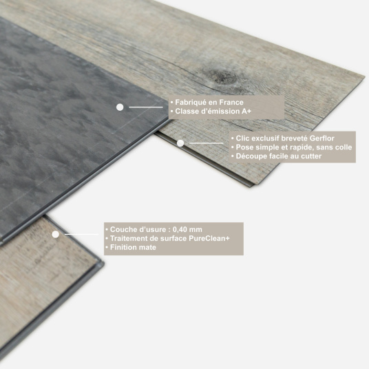 Lame vinyle - Gerflor Senso Clic 3 - Pecan avec coupe éclatée présentant la conception du sol PVC clipsable
