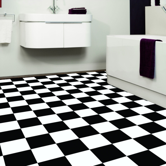 Tapis sur mesure Vinyle carrelage damier noir et blanc furface brillante - salle de bain