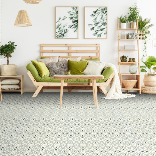 Sol Vinyle Textile Rénove acoustique - Effet carreaux de ciment arabesque gris bleuté - Ambiance salon