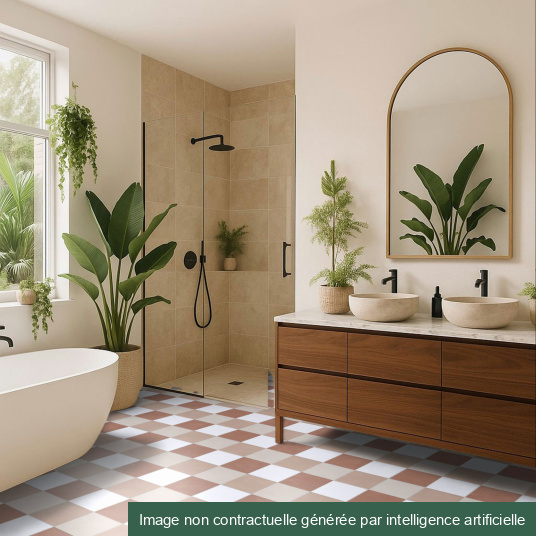 Sol vinyle Maison Vichy terracotta dans une salle de bains élégante et végétalisée