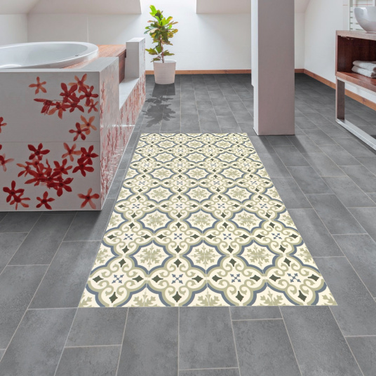 Tapis sur mesure Vinyle Effet carreaux de ciment - Arabesques vert et bleu - Salle de bain