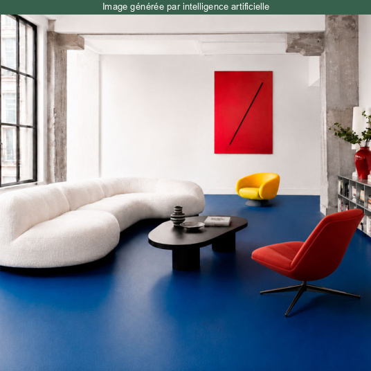 Sol Vinyle - Essentiel Color - Uni bleu marine dans un salon design avec fauteuil rouge et canapé blanc