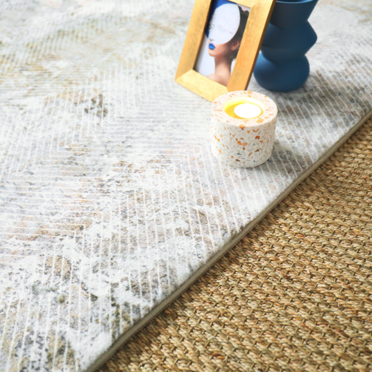 Tapis salon en velours Archi blanc marbré marron et camel - salon