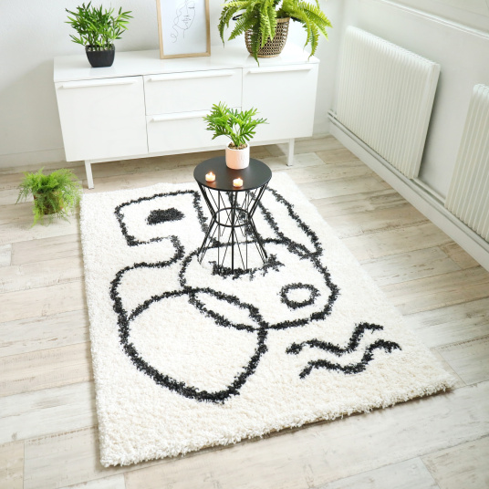 Tapis de salon à poils longs - Line art - Noir et blanc cassé - Ambiance salon