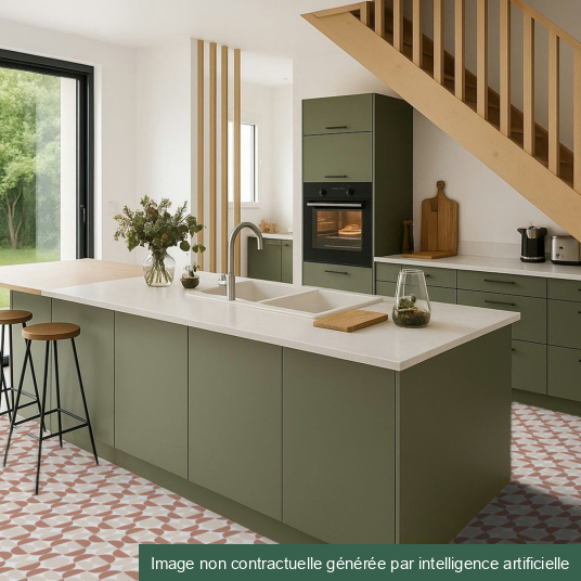 Tapis graphique terracotta et crème dans cuisine verte avec îlot central