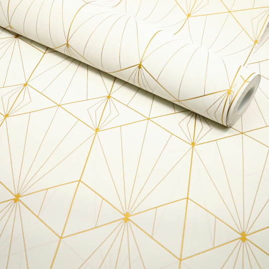 Papier peint vinyle sur intissé - Art déco - Crème motif géométrique or