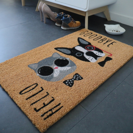 Paillasson coco Chat et Chien installé devant un meuble d’entrée, fibres naturelles de coco, dossier PVC, usage intérieur ou extérieur sous abri