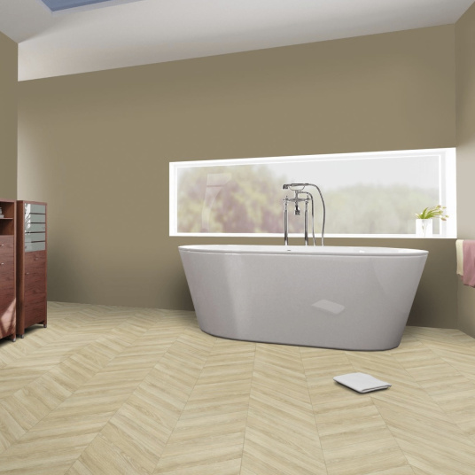 Sol Vinyle à envers gris - Motif chevrons - Chêne clair - salle de bain