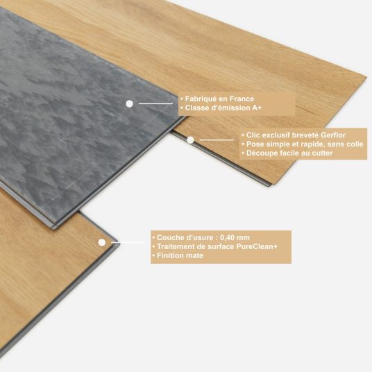 Lame vinyle - Gerflor Senso Clic 3 - Lord Honey présentant en éclaté la composition de la lame PVC clipsable