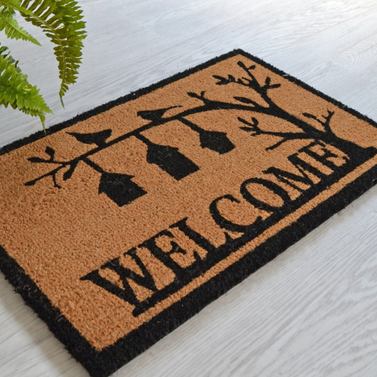 Paillasson coco Oiseaux 71 x 46 cm utilisé en intérieur sous abri, fibres naturelles de coco et décor oiseaux