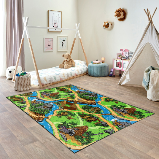 Tapis de jeu enfant circuit volcans et dinosaures - chambre d'enfant