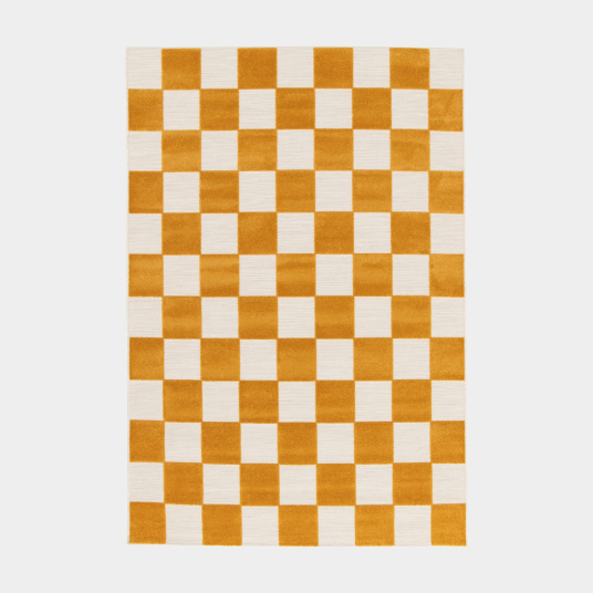 Tapis motif damier Marius jaune moutarde et écru, style graphique moderne