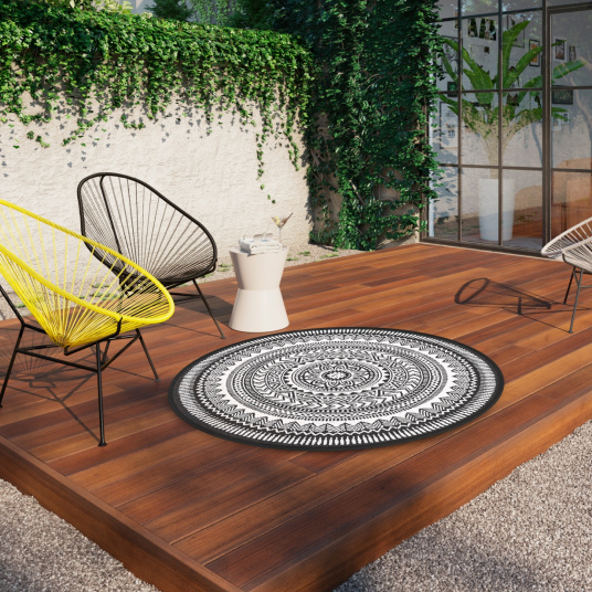 Tapis rond d'intérieur ou d'extérieur - Mandala - Noir - terrasse