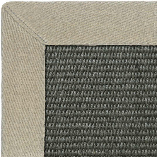 Zoom angle tapis Sisal Quintana anthracite avec ganse en lin naturel