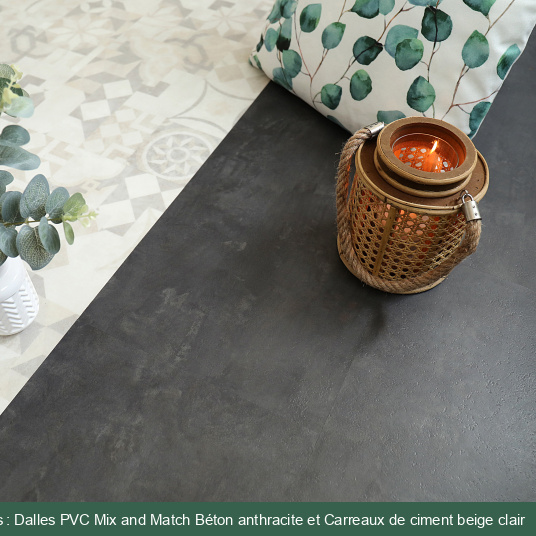 Association de sol Dalle PVC Mix and Match - Béton anthracite et carreaux de ciment beige clair