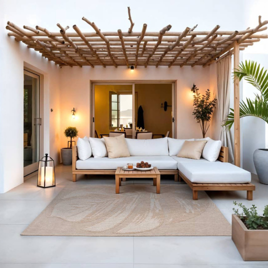 Tapis d’extérieur Palme sauvage beige, ambiance détente sous pergola bois