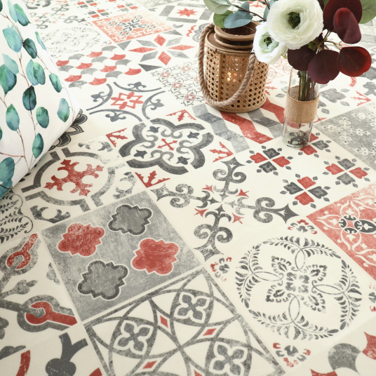 Une vue en perspective du Sol Lino - Carreaux de ciment rouge brique