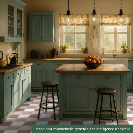 Sol vinyle Maison Vichy terracotta dans une cuisine campagne chic