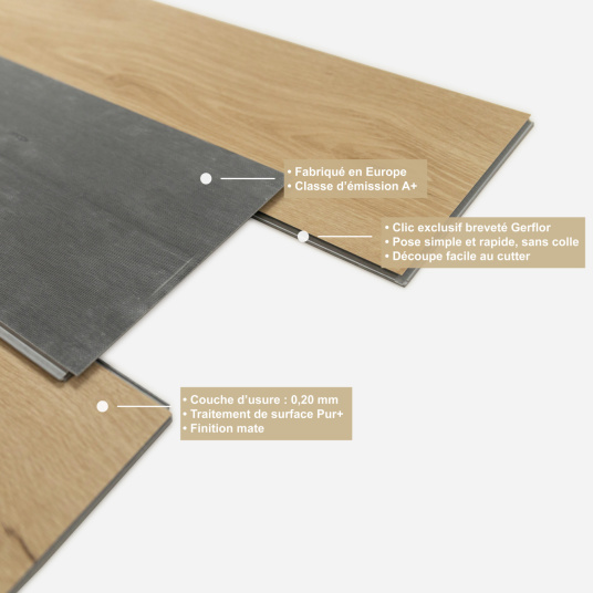 Lame vinyle - Gerflor Senso 20 Lock - Bark Clear montrant les nuances et nœuds de son décor bois