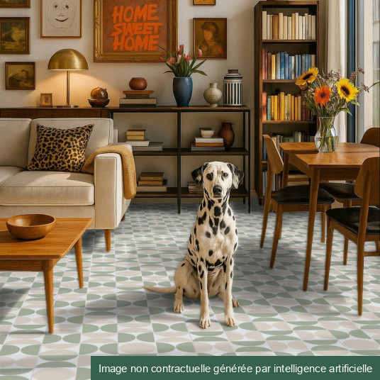 Ambiance chaleureuse avec le sol vinyle Mood à motif vert dans un salon avec chien