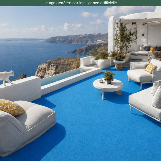 Terrasse de rêve habillée de la moquette outdoor sur plots - Piscine et Spa - Bleu