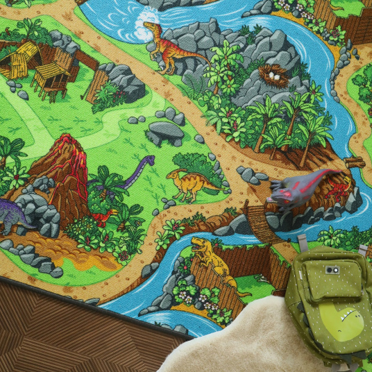 Tapis de jeu enfant circuit volcans et dinosaures - vue de haut