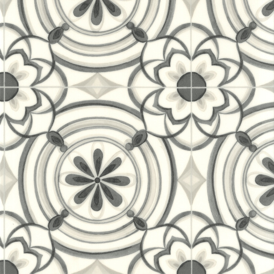 Motif noir sur fond crème du sol vinyle Textile Rénove - Effet carreaux de ciment Andalousie