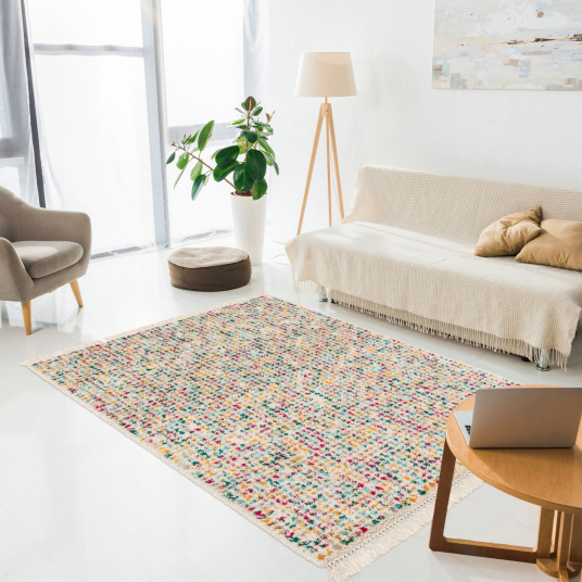 Ambiance chaleureuse avec le tapis à motif berbère à franges Tribus du désert Multicolore