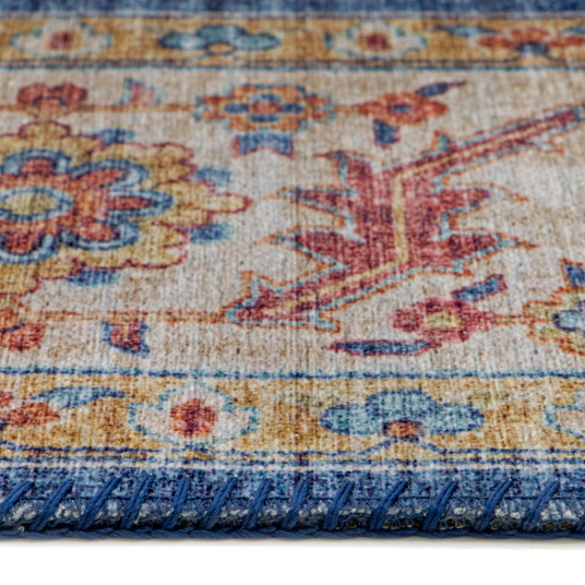 Tapis doux à motif oriental - Leïla - Marron et bleu - vue de près