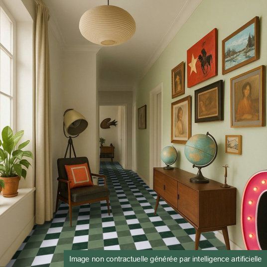 Sol Vinyle Mood Maison Vichy Vert, ambiance douce et lumineuse dans un couloir