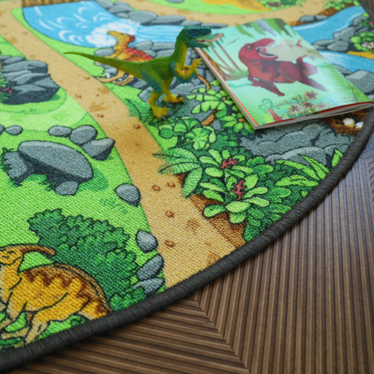 Tapis rond de jeu enfant circuit volcans et dinosaures - salon