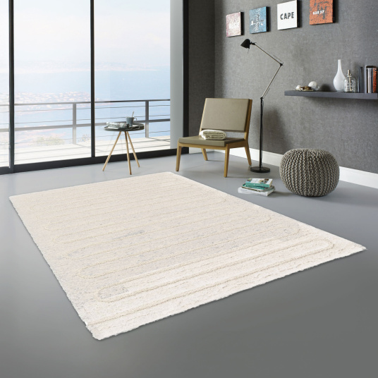 Tapis Zig-Zag crème en fibres recyclées pour chambre moderne ou salon