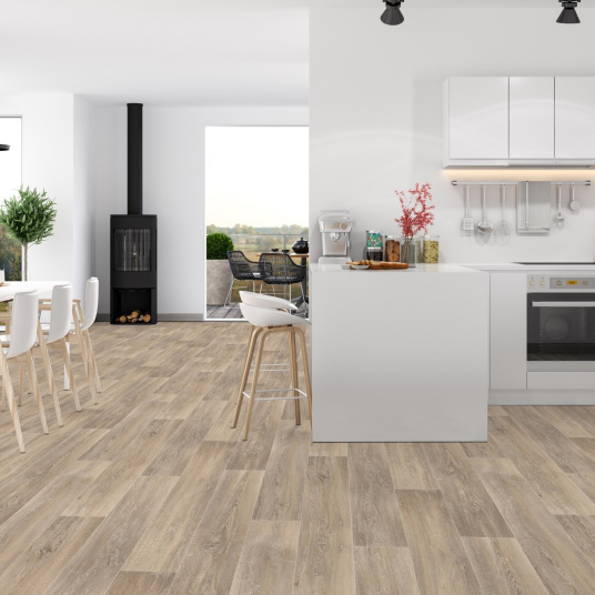 Sol Vinyle Textile Grande largeur - Aspect parquet chêne cérusé - cuisine