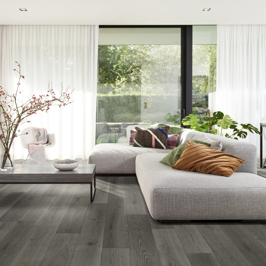 Sol Vinyle Textile Spécial Rénovation - Parquet lames larges - Bois gris anthracite - salon