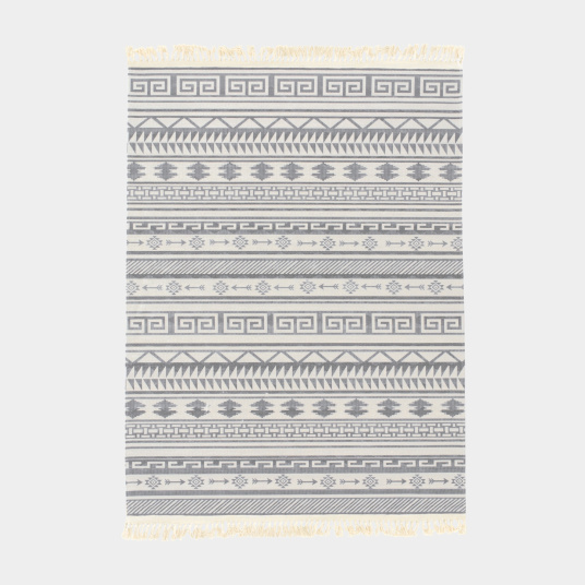 Tapis en coton blanc à franges - Aztèque - Motifs gris