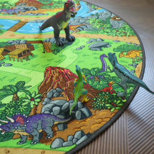 Tapis rond de jeu enfant circuit volcans et dinosaures - salon