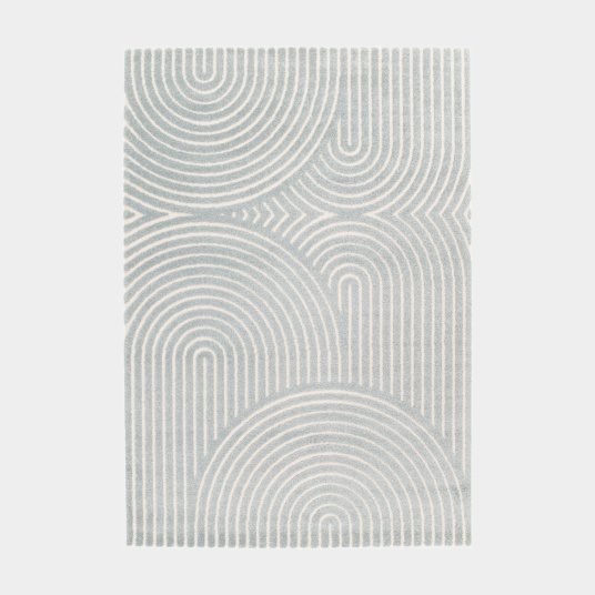 Tapis de salon Circle Courbe gris bleuté et crème en vue de dessus avec motifs arrondis et texture en relief