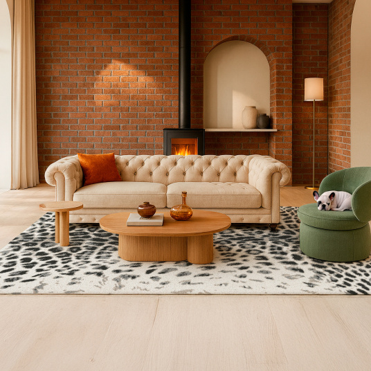 Tapis contemporain motif léopard noir et crème, installé dans un salon chic avec canapé beige