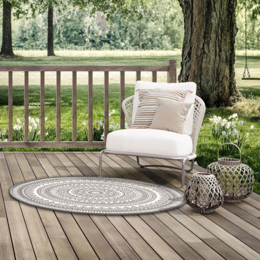 Tapis rond d'intérieur ou d'extérieur - Mandala - Gris - terrasse